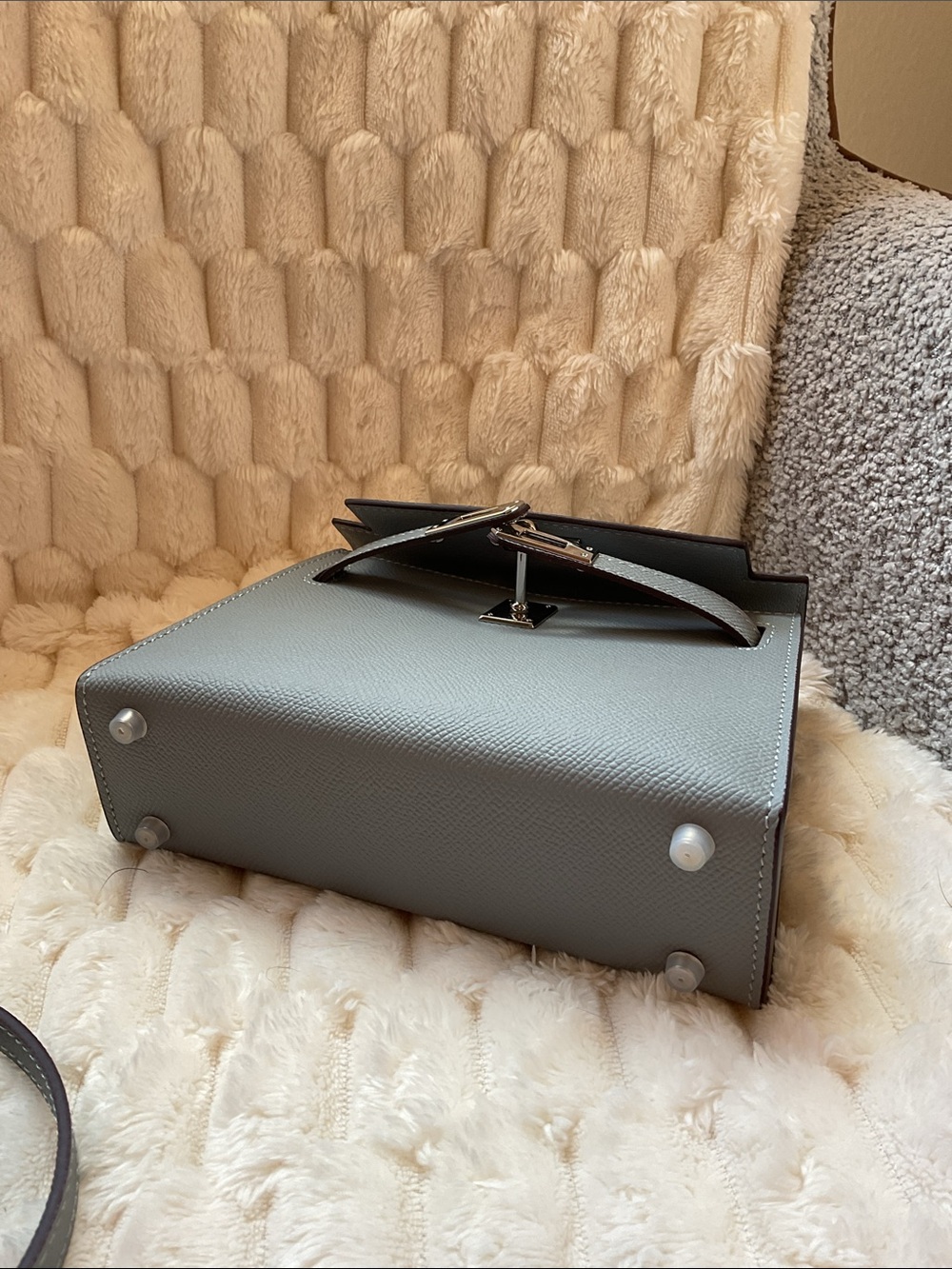 Mini Blue gray Structured Top-Handle Bag with Removable Straps silver hardware. - Picture 5 of 8